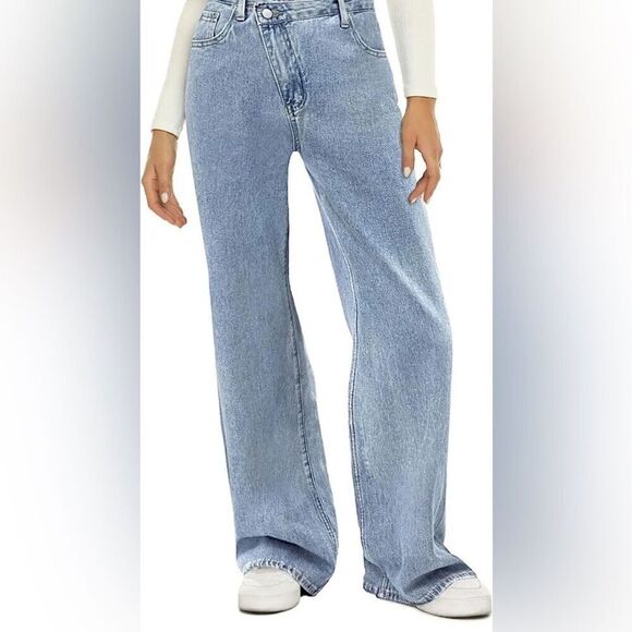 HDLTE Pants - HDLTE Women Wide Leg Jeans High Waist Baggy Asymmetrical Waist Jeans Size Small